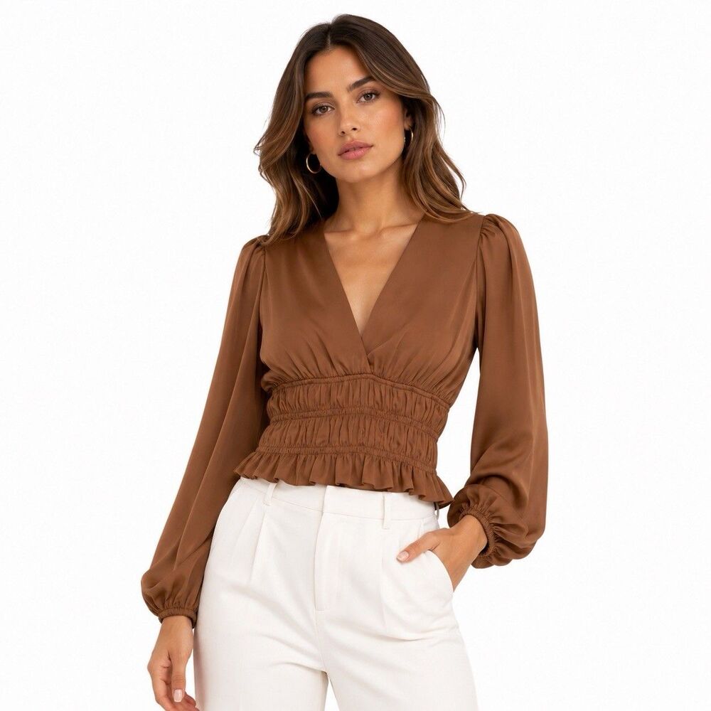 Reset By Jane Brown V-neck Peplum Long Sleeve Top Size Med Casual Chic MSRP $69